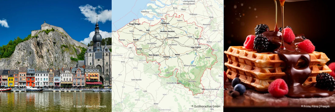 Stadt in Belgien, Belgien Karte und Waffel mit Schokolade