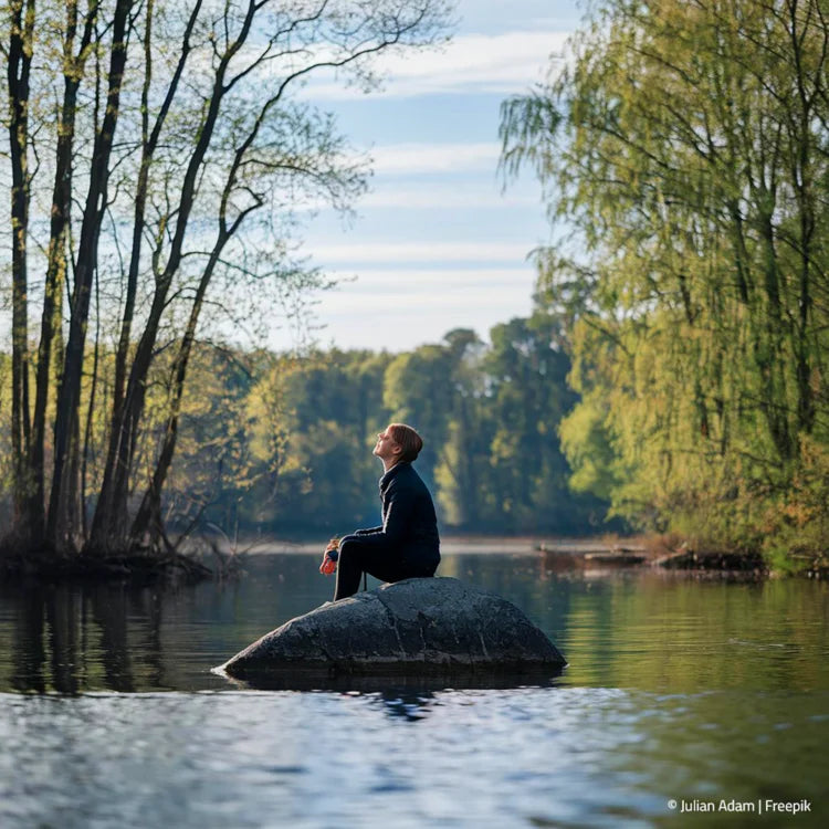 Mann sitzt auf Stein im See