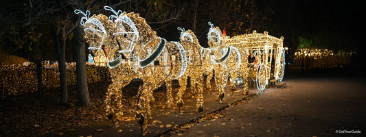 Pferdekutsche weihnachtlich geschmückt vor festlicher Kulisse auf Wien Trip
