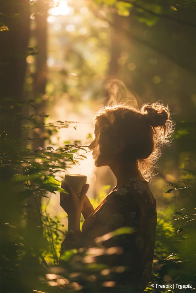Frau mit Duftkerze im Wald Ayurveda