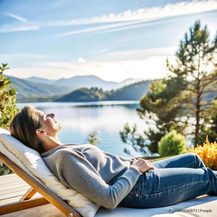 Frau entspannt auf einer Liege am See