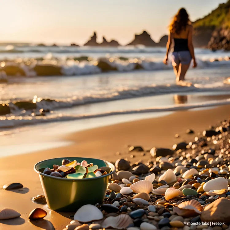 Frau am Strand beim Muscheln sammeln