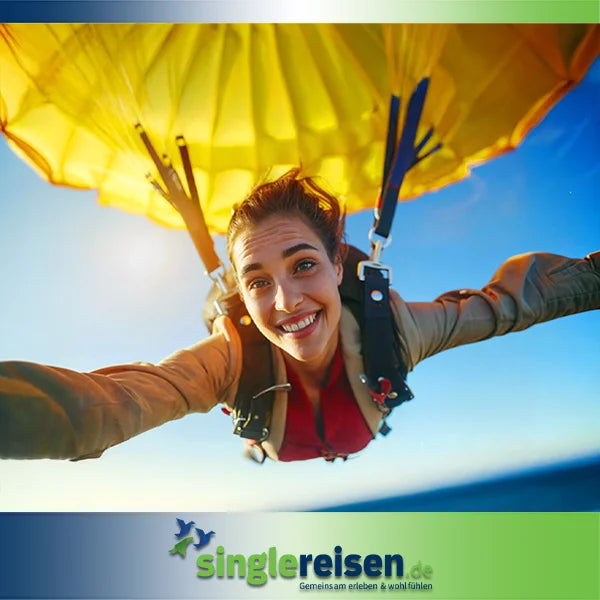 Eine über das ganze Gesicht strahlende junge Frau beim Fallschirmsprung unter einem großen, gelben Schirm vor blauem Himmel – Abenteuer & Erlebnis auf singlereisen.de.