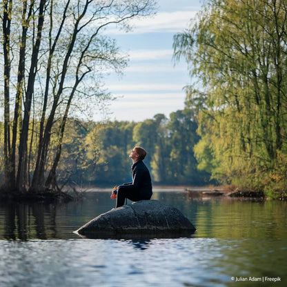 Mann sitzt auf Stein im See